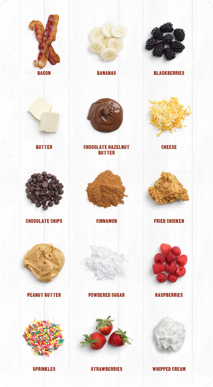 waffle bar toppings on white